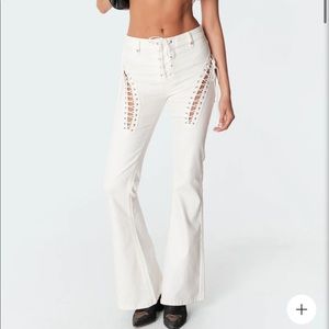 edikted white engine flare tie up jeans